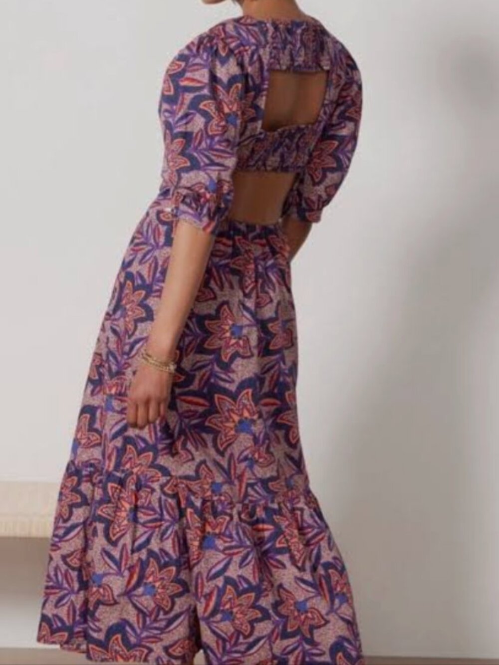 Evereve Noelle 100% Cotton Puff Sleeve Open Back Maxi Dress Size Large